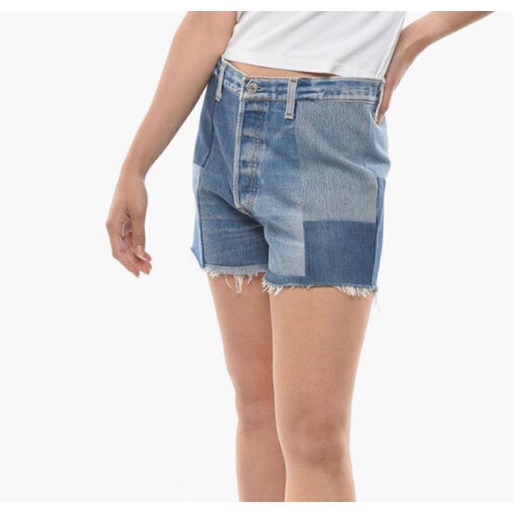 RE/DONE LEVI'S DENIM PATCHWORK SHORTS WITH FRAYED HEM Size 27